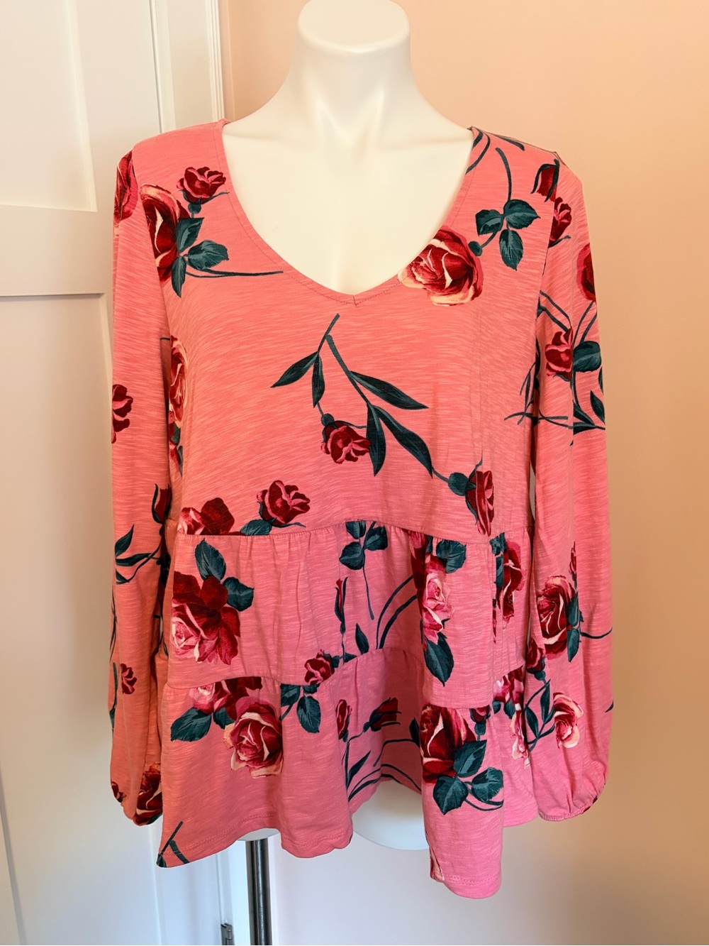 torrid Coral Pink Floral V-Neck Tiered Blouse